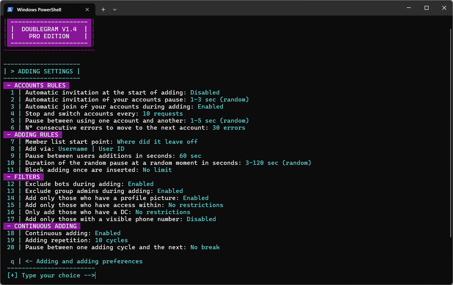 Configuración de adición en Doublegram